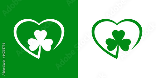Día de San Patricio. Logo con silueta de corazón lineal con shamrock de 3 hojas