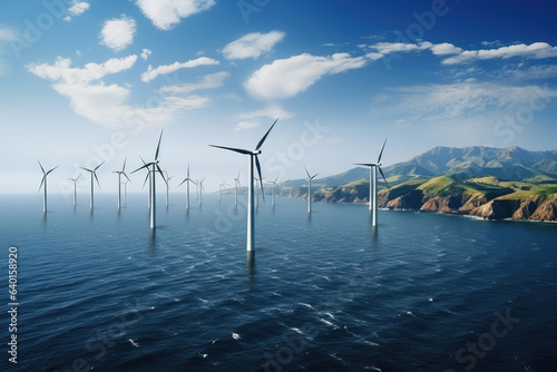 Green energy concepts with wind turbines in the sea. Renewable wind energy sources. Generative AI