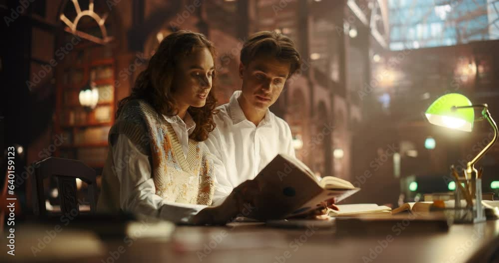 Diverse Young Man and Woman Studying a Design Textbook in a Classic Public Library. Beautiful Female and Handsome Colleague Preparing for Exams, Having a Conversation and Discussing the Book Diverse Young Man and Woman Studying a Design Textbook in a Classic Public Library. Beautiful Female and Handsome Colleague Preparing for Exams, Having a Conversation and Discussing the Book