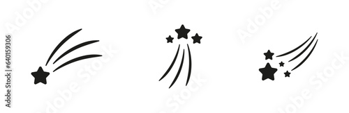 Star falling icon set. Stars with trace fall. Comet flying cosmos symbol collection.