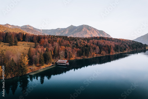 Aerial Photo of Lake Walchensee  behind Jochberg  Upper Bavaria  Germany Europe