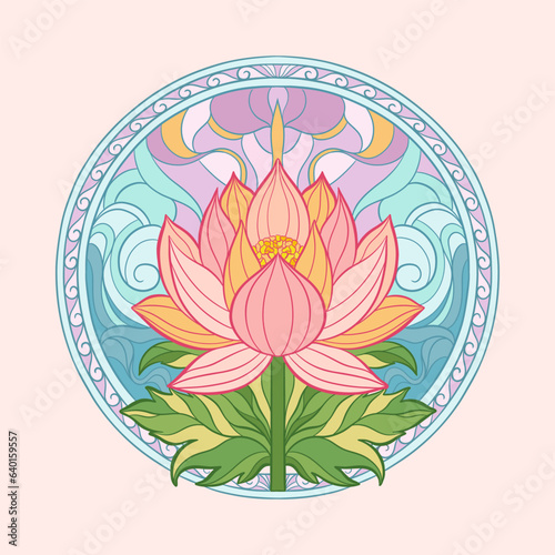 Elegant lotus flower bud and leaf in circle.The round design is made for oriental motif ornament.