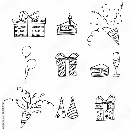 Hand drawn set of birthday party element collection. Liner