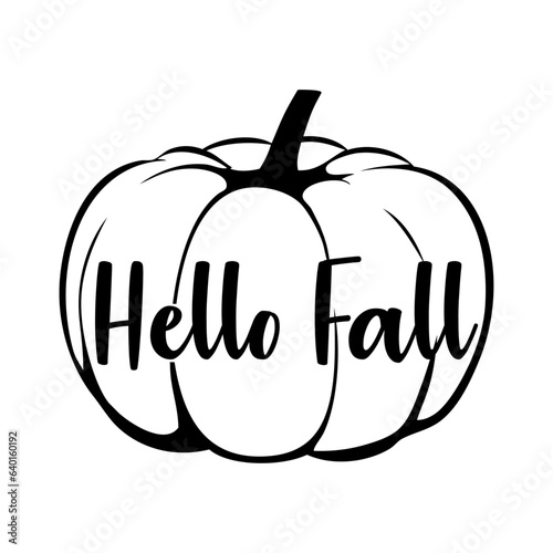 Logo con letras palabra hello fall con texto manuscrito en calabaza para su uso en invitaciones y tarjetas 