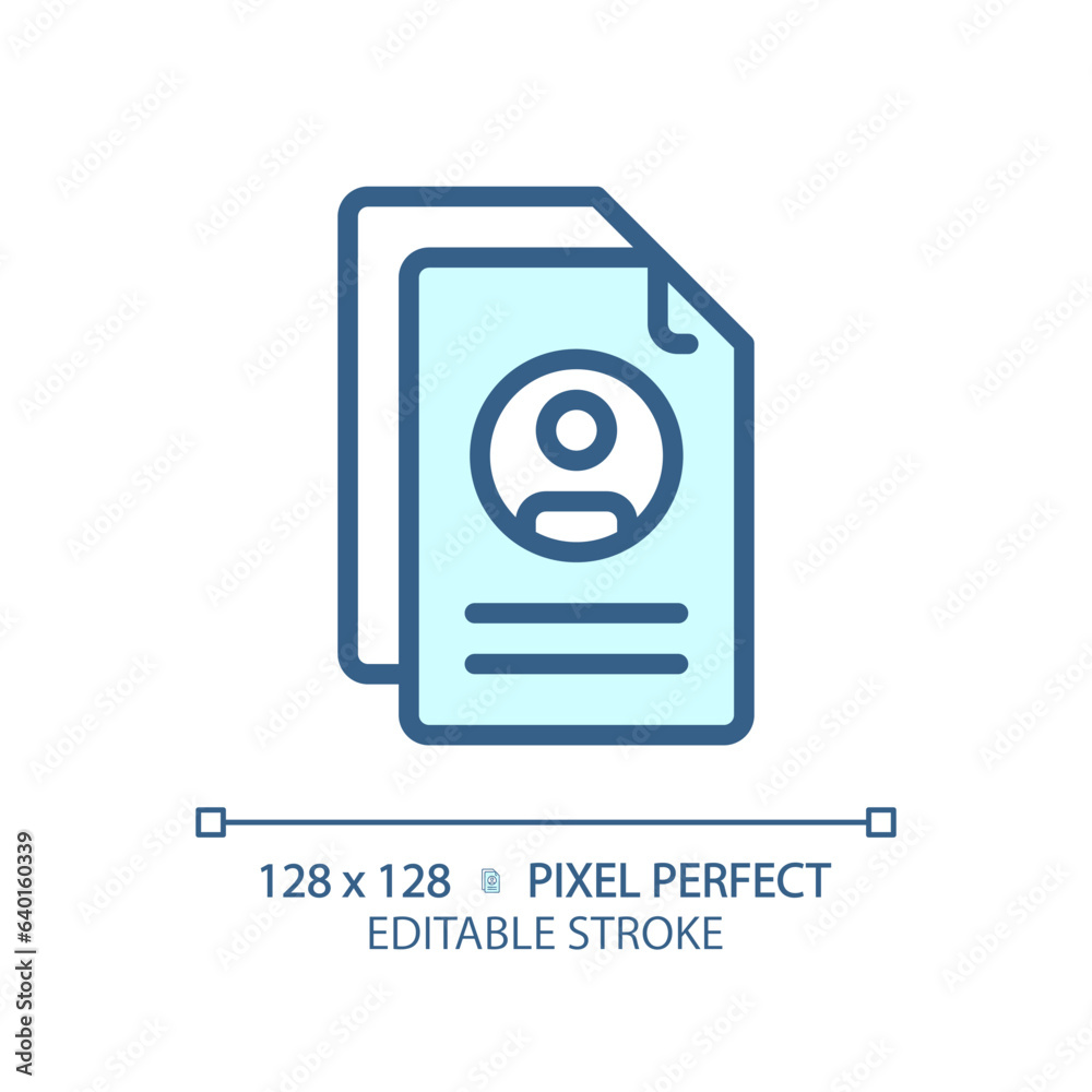 2D pixel perfect editable blue resume icon, isolated vector, thin line document illustration. 2D pixel perfect editable blue resume icon, isolated vector, thin line document illustration.