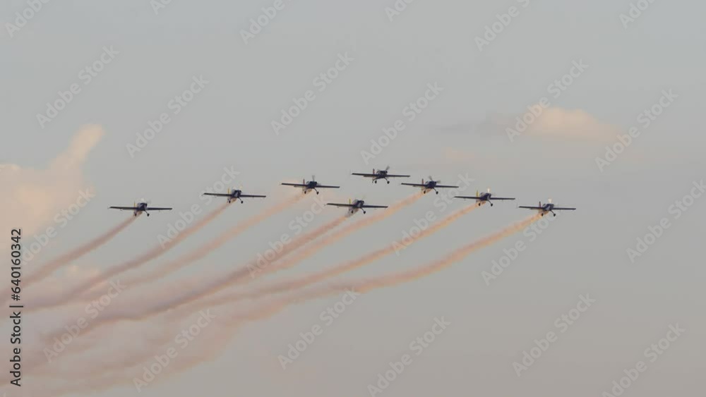Extra 330SC aicrafts part of Hawks of Romania team flying and doing aerial acrobatics during Bucharest International Air Show 4k video. Extra 330SC aicrafts part of Hawks of Romania team flying and doing aerial acrobatics during Bucharest International Air Show 4k video.