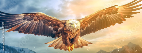 eagle with outstretched wings in the sky, nature with winter and summer in the background, banner