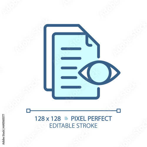 2D pixel perfect editable blue preview document icon, isolated vector, thin line document illustration.