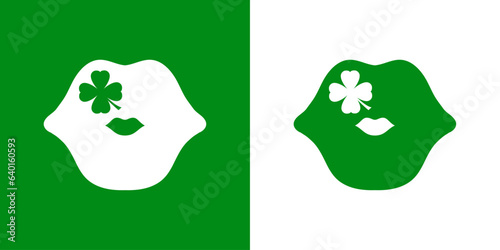 Día de San Patricio. Beso irlandés. Logo con silueta de labios de mujer con trébol de 4 hojas