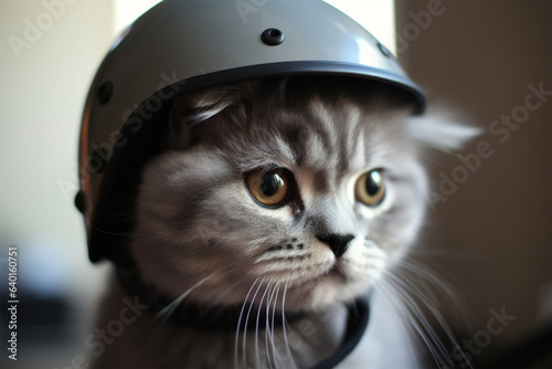 a cute cat wearing a helmet