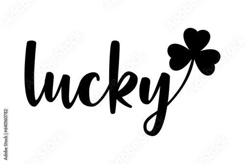 Día de San Patricio. Logo aislado con letras palabra lucky en texto manuscrito con silueta de trébol de 3 hojas