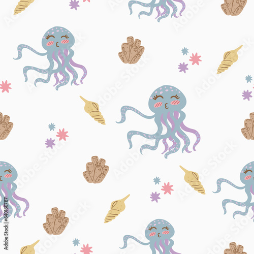 Seamless pattern sea jellyfish shellfish   coral for background