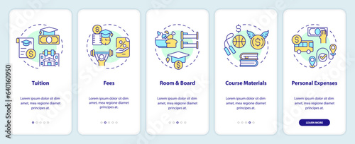 2D icons representing athletic scholarship mobile app screen set. Walkthrough 5 steps multicolor graphic instructions with line icons concept, UI, UX, GUI template.