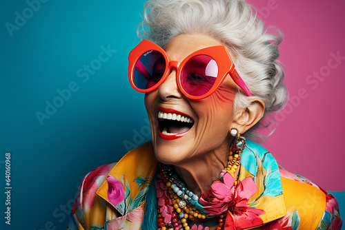Happy, cool, fashionable old lady in outrageous yellow clothes and sunglasses.