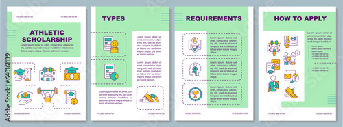 Green athletic scholarship brochure template, leaflet design with thin linear icons, 4 vector layouts.