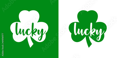 Día de San Patricio. Logo aislado con letras palabra lucky en texto manuscrito en silueta de trébol de 3 hojas