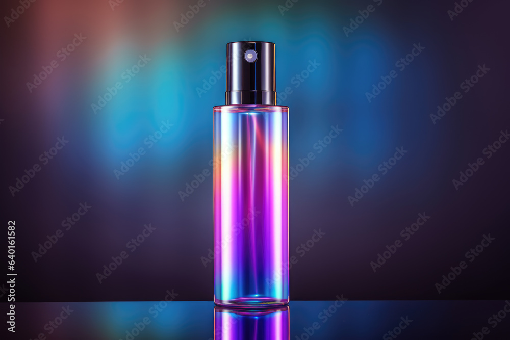 perfect Cosmetic shiny holographic colors bottle on the dark natural background, ai generated. perfect Cosmetic shiny holographic colors bottle on the dark natural background, ai generated.