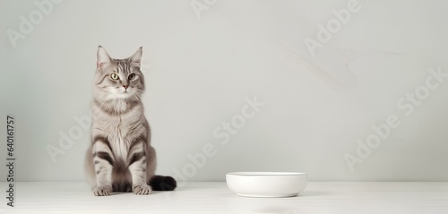 A cat near an empty bowl hinting to feed her. photo