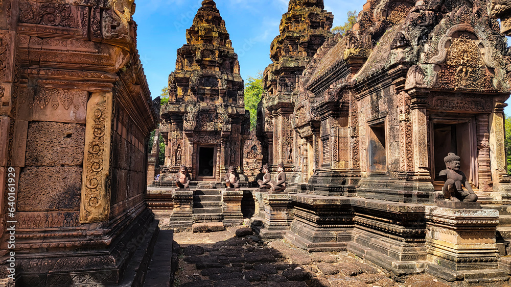 Mysterious Ancient ruins Banteay Srei temple - famous Cambodian landmark, Angkor Wat complex of temples. Siem Reap, Cambodia.