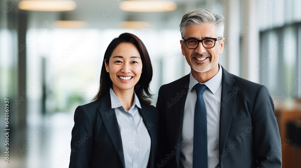 Happy confident professional mature Latin business man and Asian business woman corporate leaders managers standing in office, two diverse colleagues  - generative AI, fiction Person