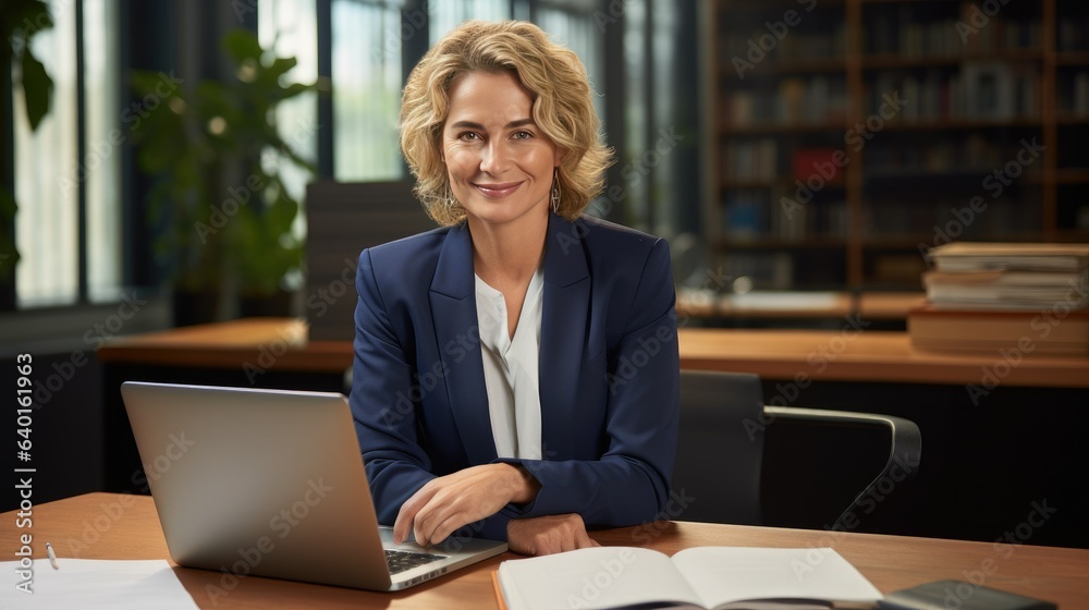 Fototapeta premium Happy smiling mature mid aged professional business woman manager executive or lawyer attorney looking at camera at workplace working on laptop computer technology - generative AI, fiction Person
