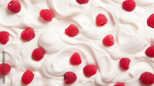 Yogurt and fresh raspberries, background. Top view. Generative AI