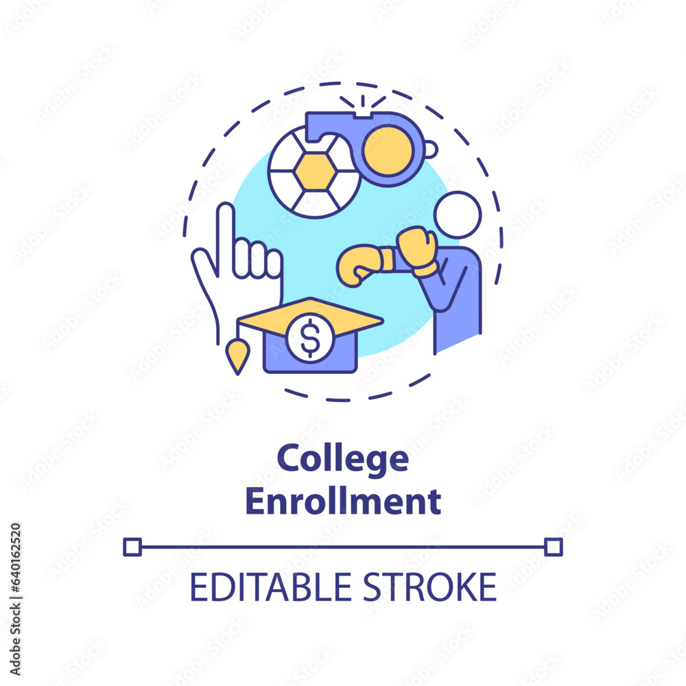 2D editable college enrollment thin line icon concept, isolated vector, multicolor illustration representing athletic scholarship. 2D editable college enrollment thin line icon concept, isolated vector, multicolor illustration representing athletic scholarship.