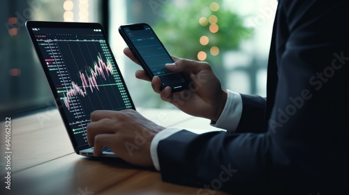 Stock trader investor broker holding mobile phone looking at laptop using computer analyzing trade cryptocurrency financial digital market indexes crypto  - generative AI, fiction Person
