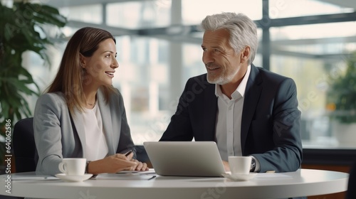 Two busy older professional corporate business executives man and woman wearing suits holding tablet technology device having discussion working on digital project - generative AI, fiction Person