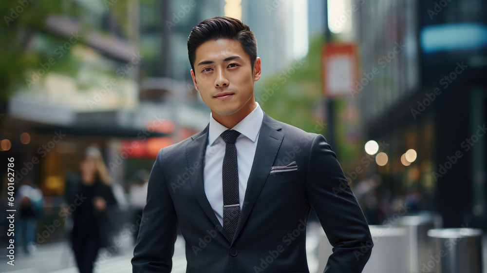 Young Asian businessman looking at camera and smiling while wearing a business shirt in office district