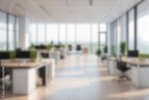 Virtueller Hintergrund für Videokonferenzen. Schöner, verschwommener Hintergrund einer hellen, modernen Büroeinrichtung mit Panoramafenstern.