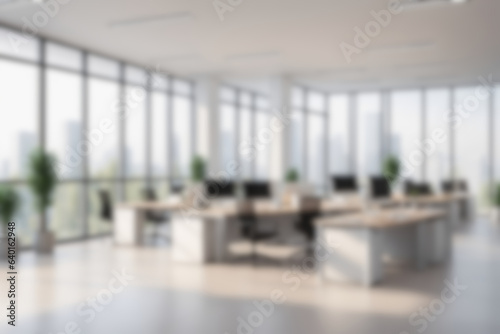 Virtueller Hintergrund für Videokonferenzen. Schöner, verschwommener Hintergrund einer hellen, modernen Büroeinrichtung mit Panoramafenstern.