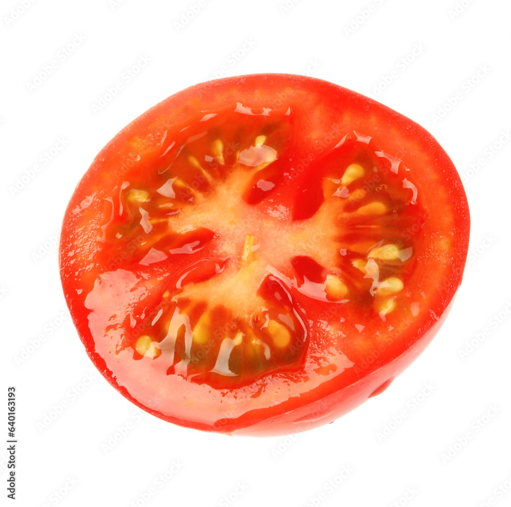 Half of ripe cherry tomato isolated on white Half of ripe cherry tomato isolated on white