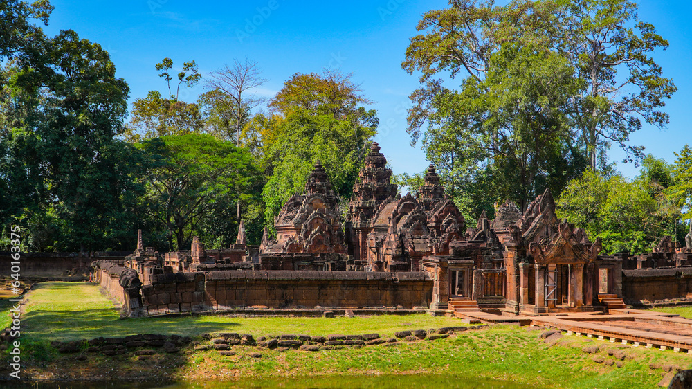 Mysterious Ancient ruins Banteay Srei temple - famous Cambodian landmark, Angkor Wat complex of temples. Siem Reap, Cambodia.