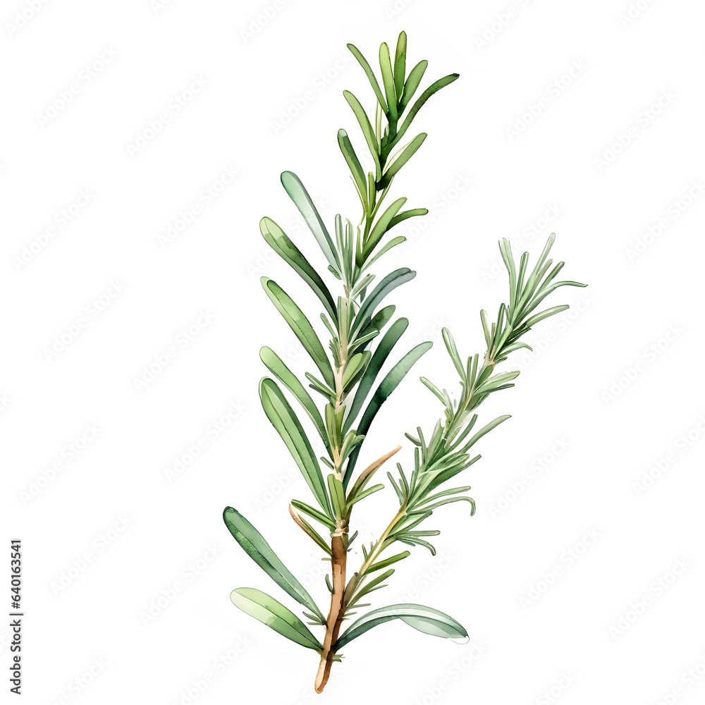 Sprig of rosemary, watercolor illustration, rosmarinus officinalis