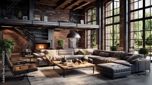 Living room loft in industrial style  a room Stylish Modern with sofa  wood tables  and a concrete wall  Generative AI