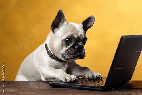 a dog is working in front of a laptop © imur