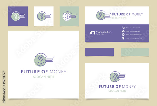 Future of money logo design with editable slogan. Branding book and business card template.