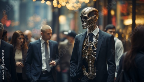 fashionable Skeleton man in a jacket walks around the city among the people. Made in AI.