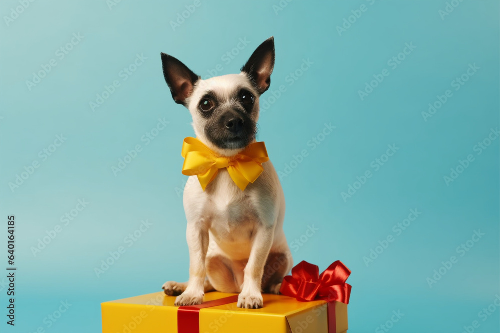 a dog standing on a gift