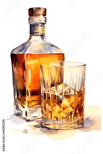 ウィスキーのボトルとグラス　水彩イラスト