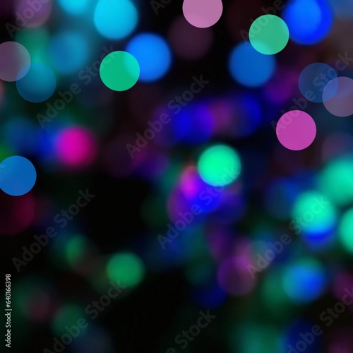 Neon gleaming blue, pink, azure bokeh on black background. Defocused effect. Disco party style.