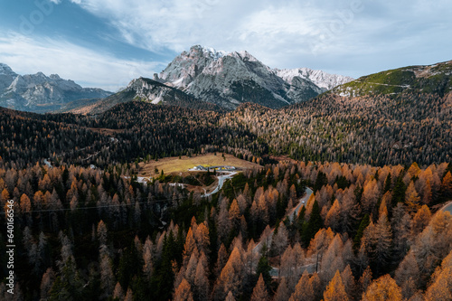 Aerial Autumn Photo Auronzo road to Tre Cime, Cortina d Ampezzo Dolomites Italy