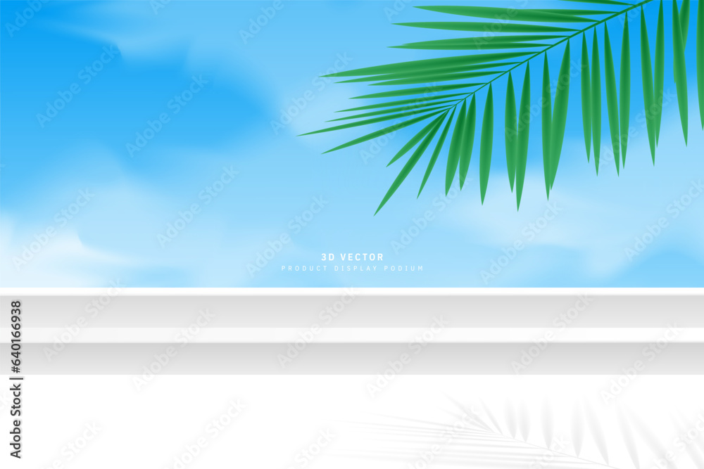 Abstract realistic 3D white pedestal podium stairs ladders, clouds, blue sky and coconut palm leaf. 3D vector geometric platform design. Stage for show product, cosmetic. Minimal scene for mockup