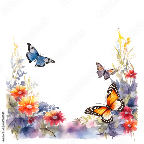 水彩の蝶と花のフレーム