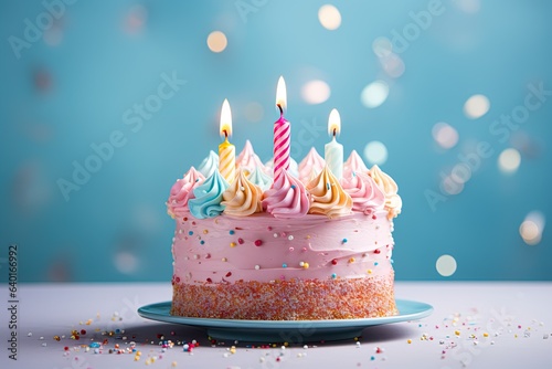 delicious pink birthday cake with three burning candles on a blue background