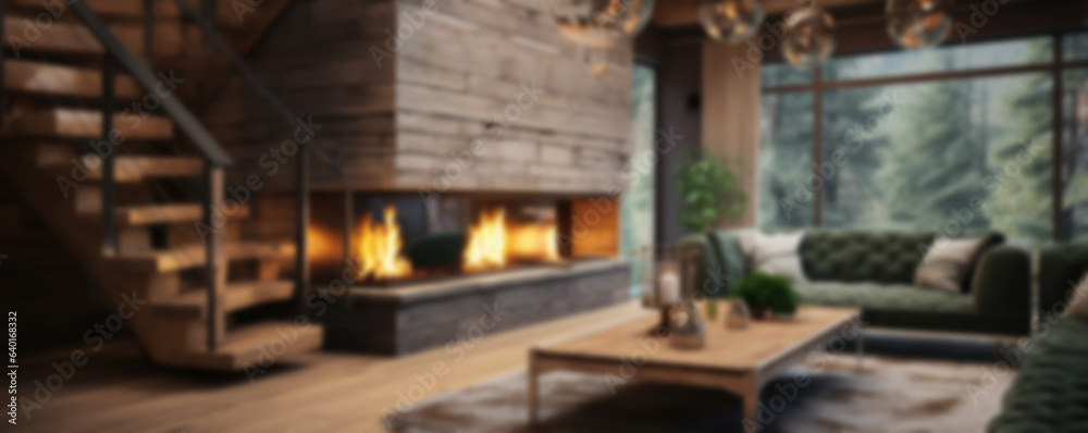 Blurred interior design of the living room of a wooden house with a stone fireplace. Generative AI