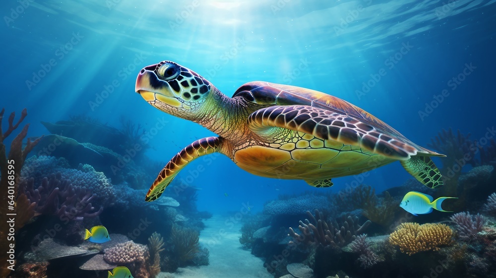 Fototapeta premium Tranquil Voyage: The Serenity of a Graceful Sea Turtle in the Ocean Depths