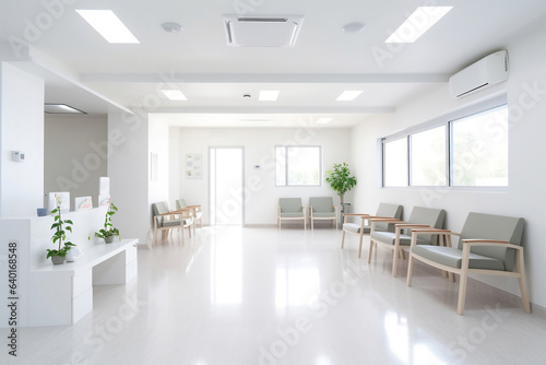 Hospital reception and lobby lounge, white colored modern medical office interior, dental clinic, aesthetics clinic, healthcare and insurance background.