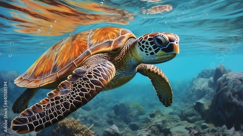Tranquil Voyage  The Serenity of a Graceful Sea Turtle in the Ocean Depths